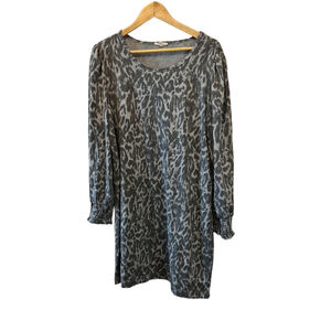 Grey Leopard Print Scoop Neck Long Sleeve Knee Length Casual Dress XL